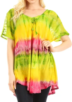 Sakkas Monet Long Tall Tie Dye Ombre Embroidered Cap Sleeve Blouse Shirt Top