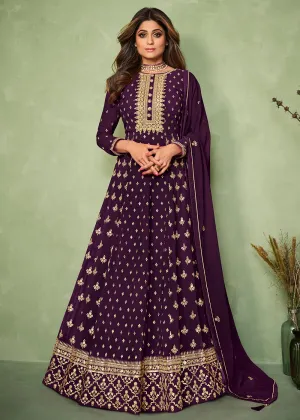 Shamita Shetty Purple Long Floor Length Anarkali Suit