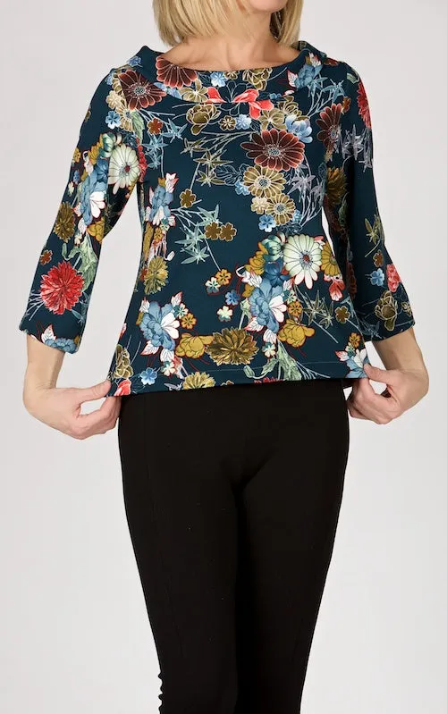 Simone A-line Top, teal floral