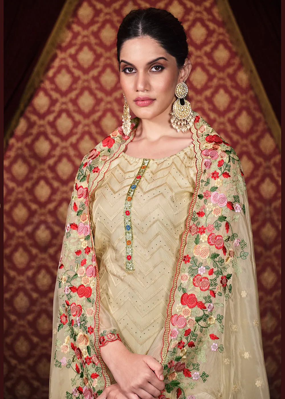 Soft Organza Silk Beige Embroidered Pant Style Suit