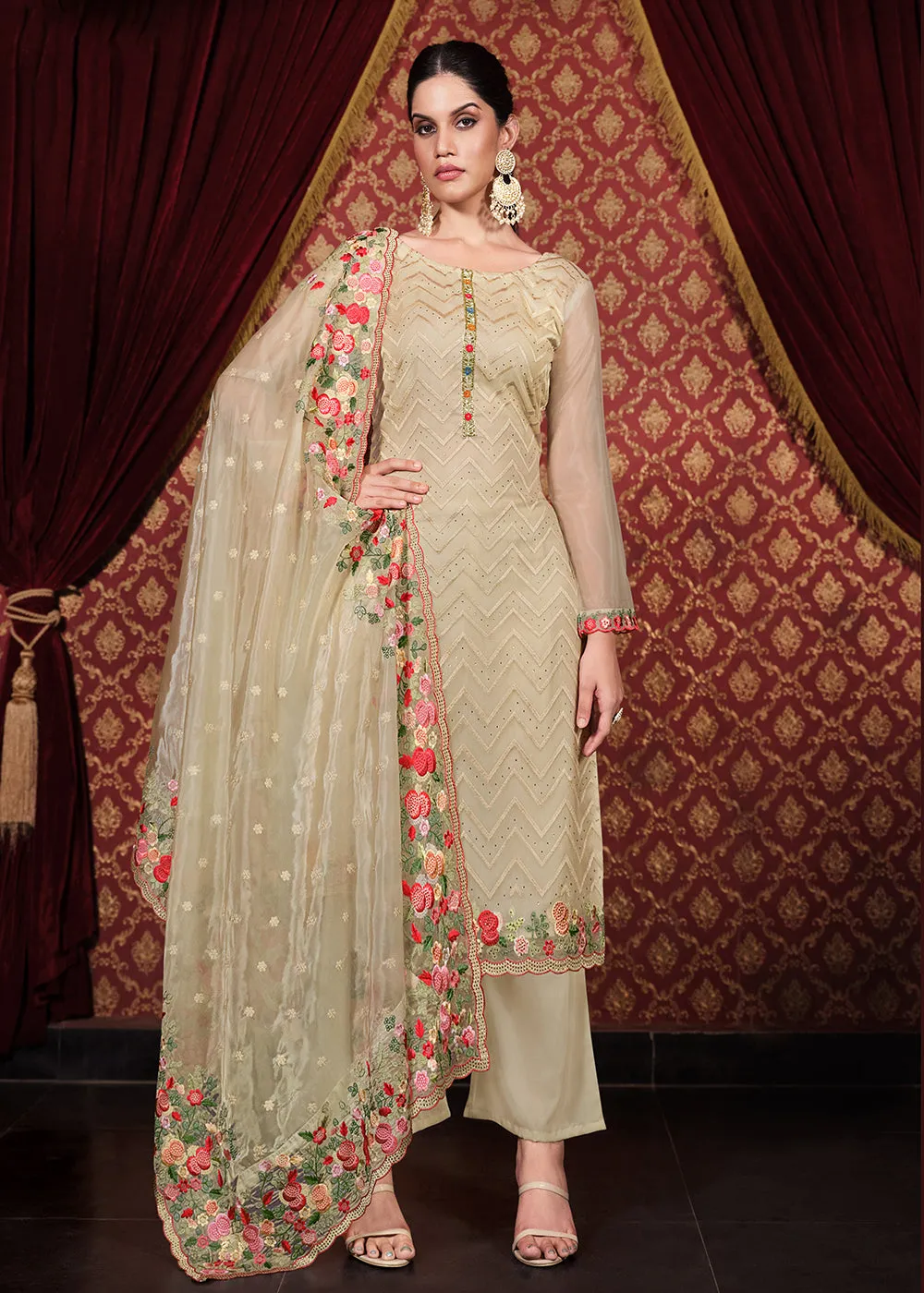 Soft Organza Silk Beige Embroidered Pant Style Suit