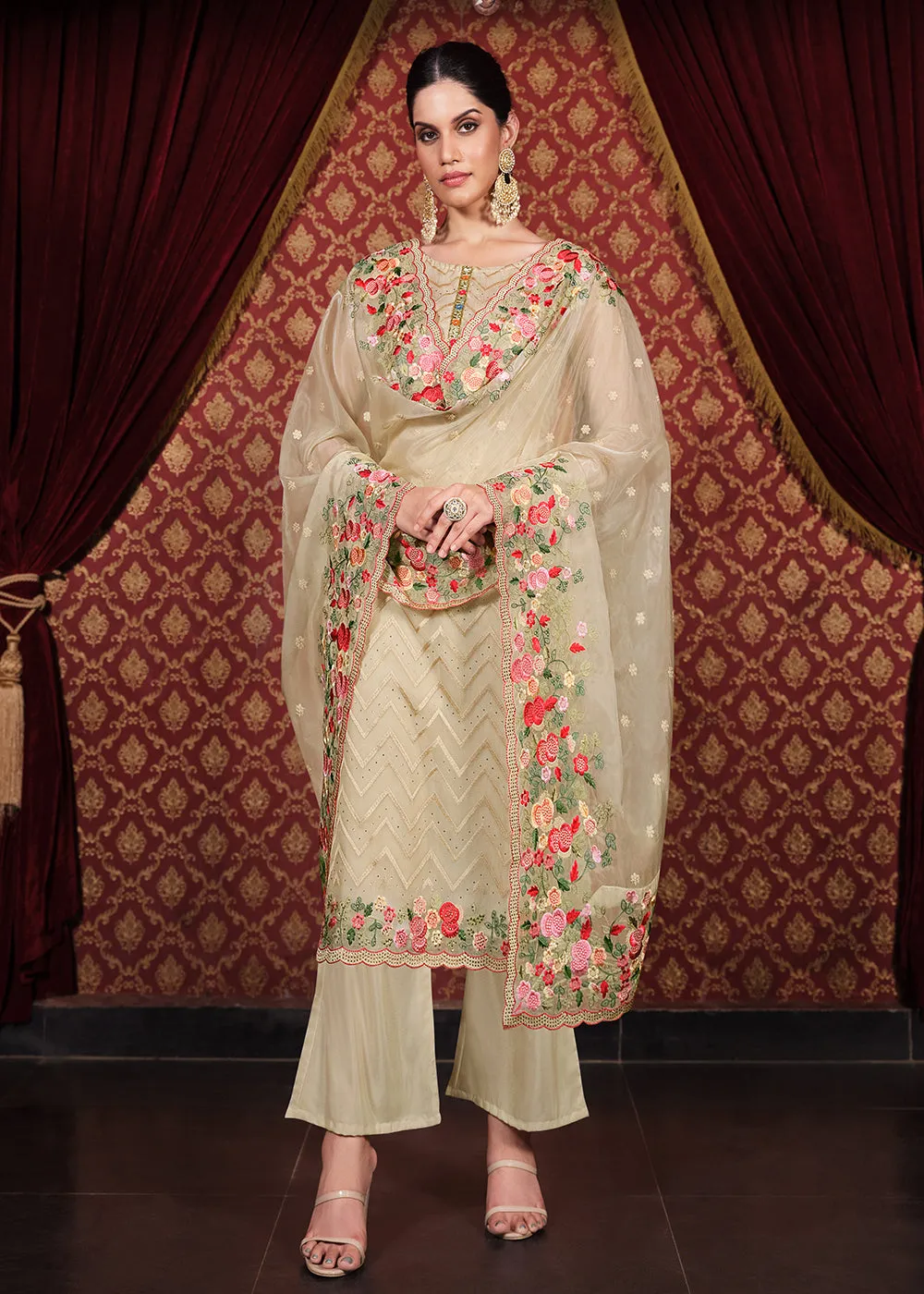 Soft Organza Silk Beige Embroidered Pant Style Suit