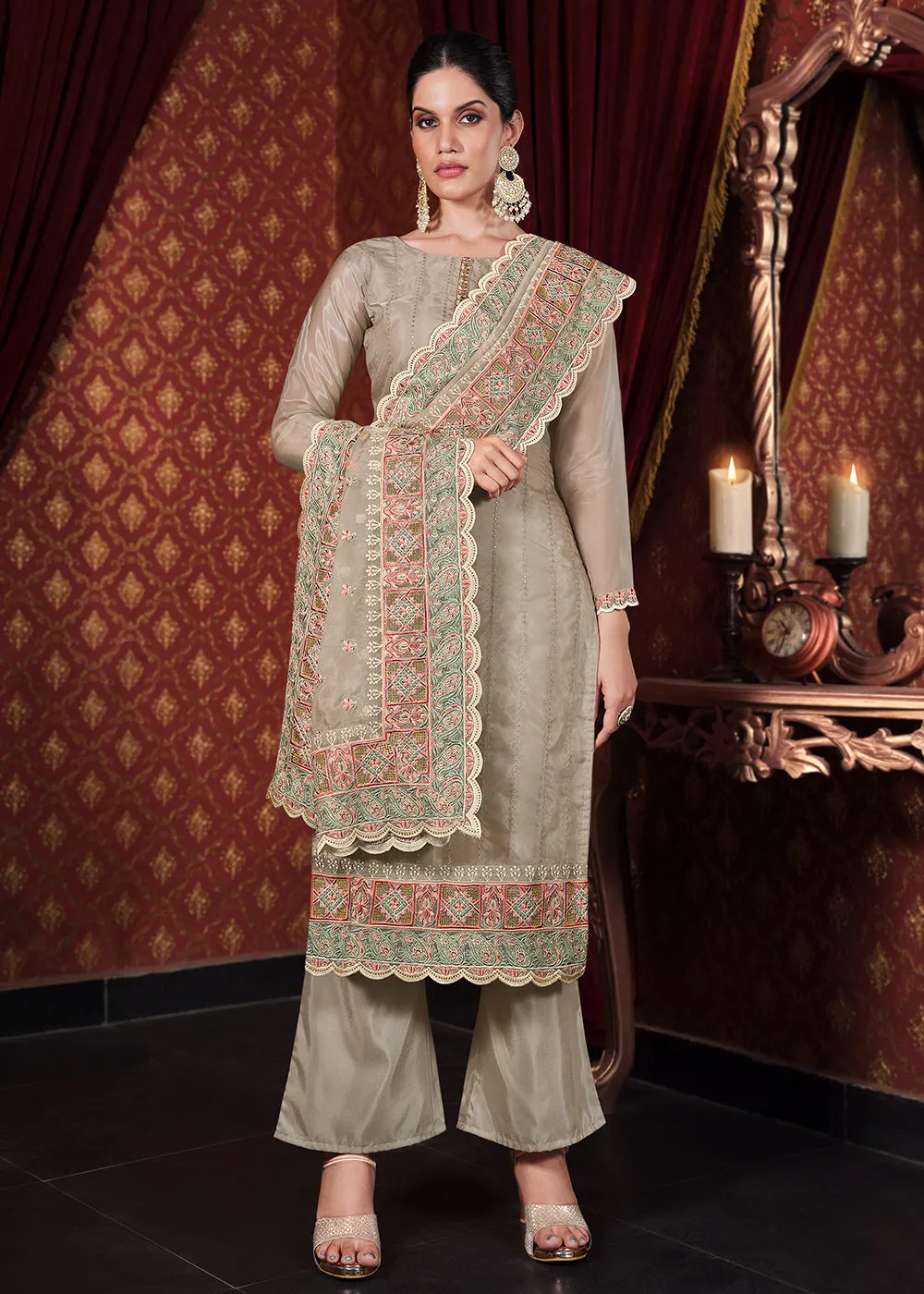 Soft Organza Silk Cream Embroidered Pant Style Suit