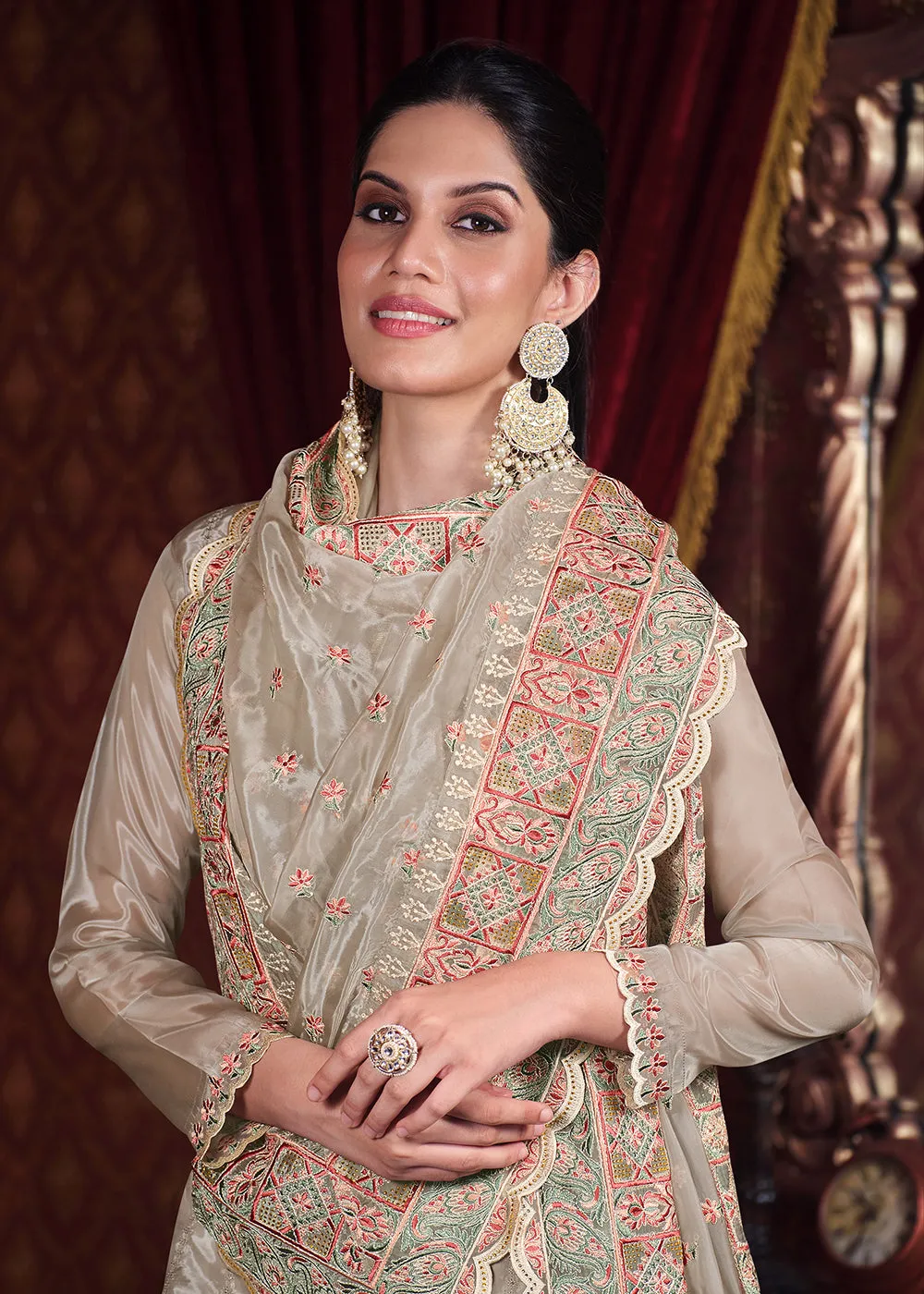 Soft Organza Silk Cream Embroidered Pant Style Suit