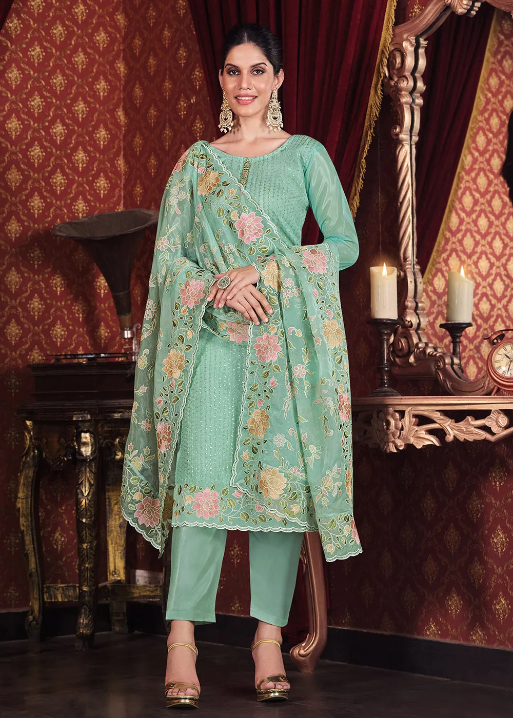 Soft Organza Silk Turquoise Embroidered Pant Style Suit