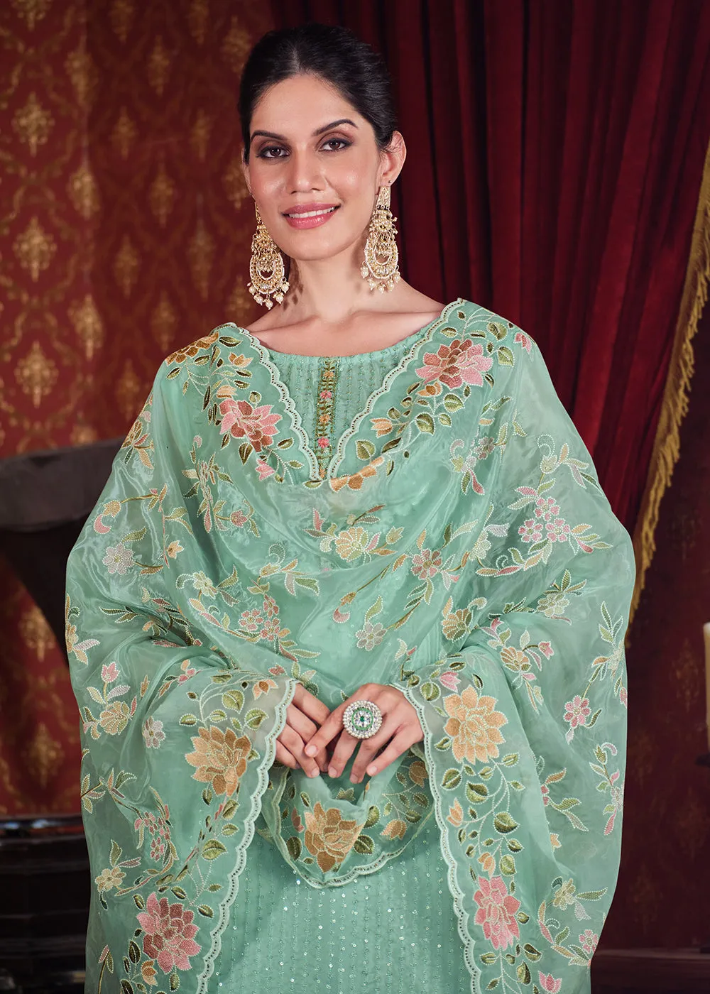 Soft Organza Silk Turquoise Embroidered Pant Style Suit