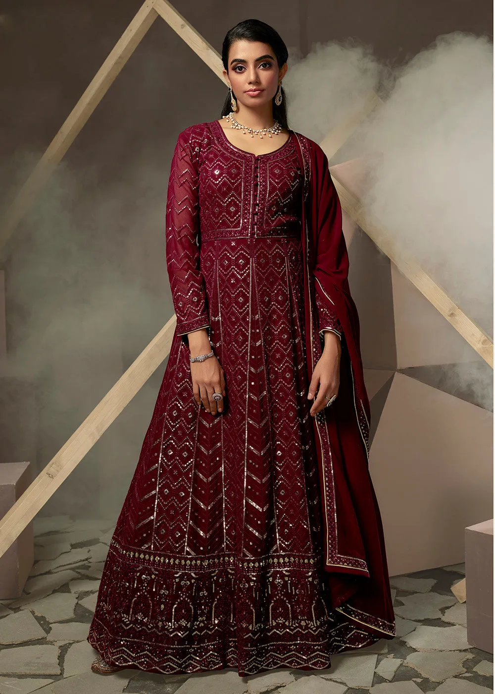 Swanky Maroon Lucknowi Style Embroidered Georgette Gown