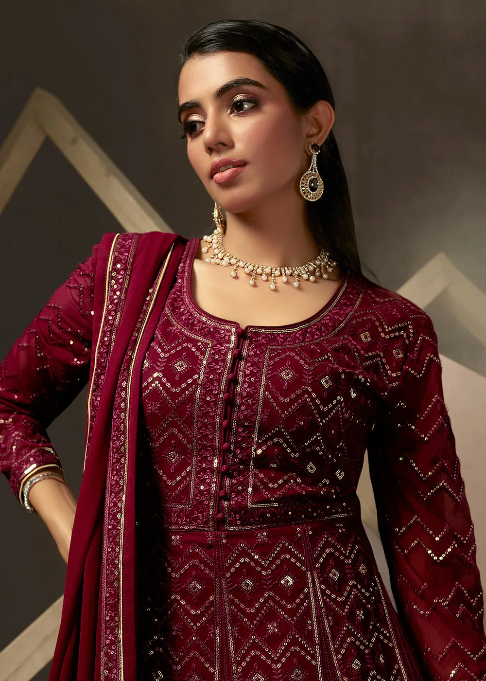 Swanky Maroon Lucknowi Style Embroidered Georgette Gown