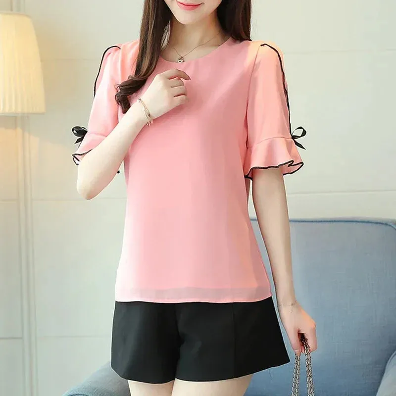 Sweet Fashionable Bow Short Elegant Summer Sleeve Casual Chiffon Top