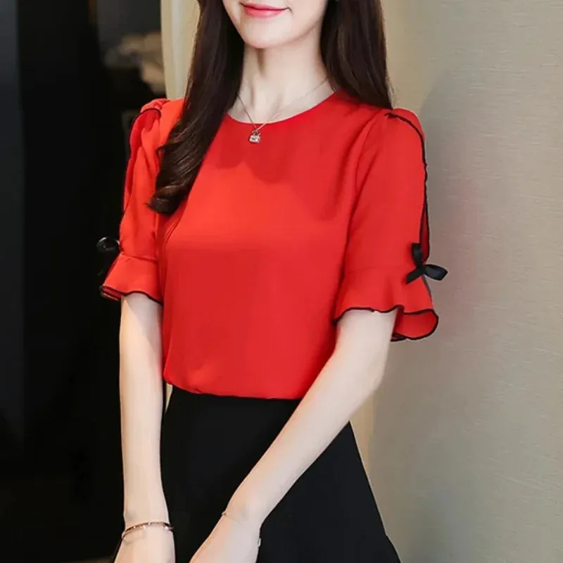 Sweet Fashionable Bow Short Elegant Summer Sleeve Casual Chiffon Top