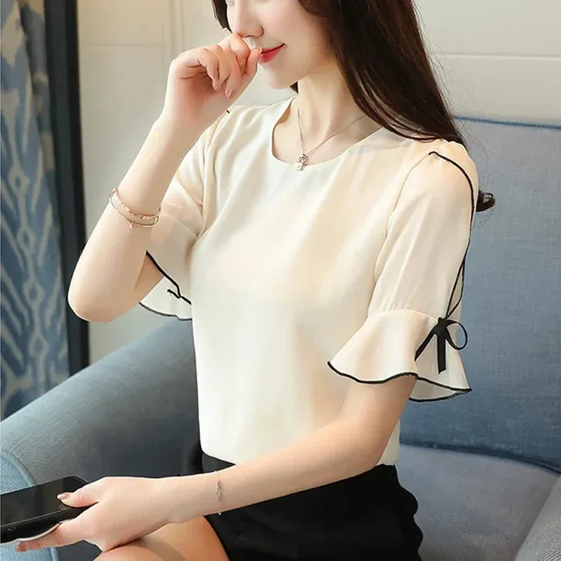 Sweet Fashionable Bow Short Elegant Summer Sleeve Casual Chiffon Top