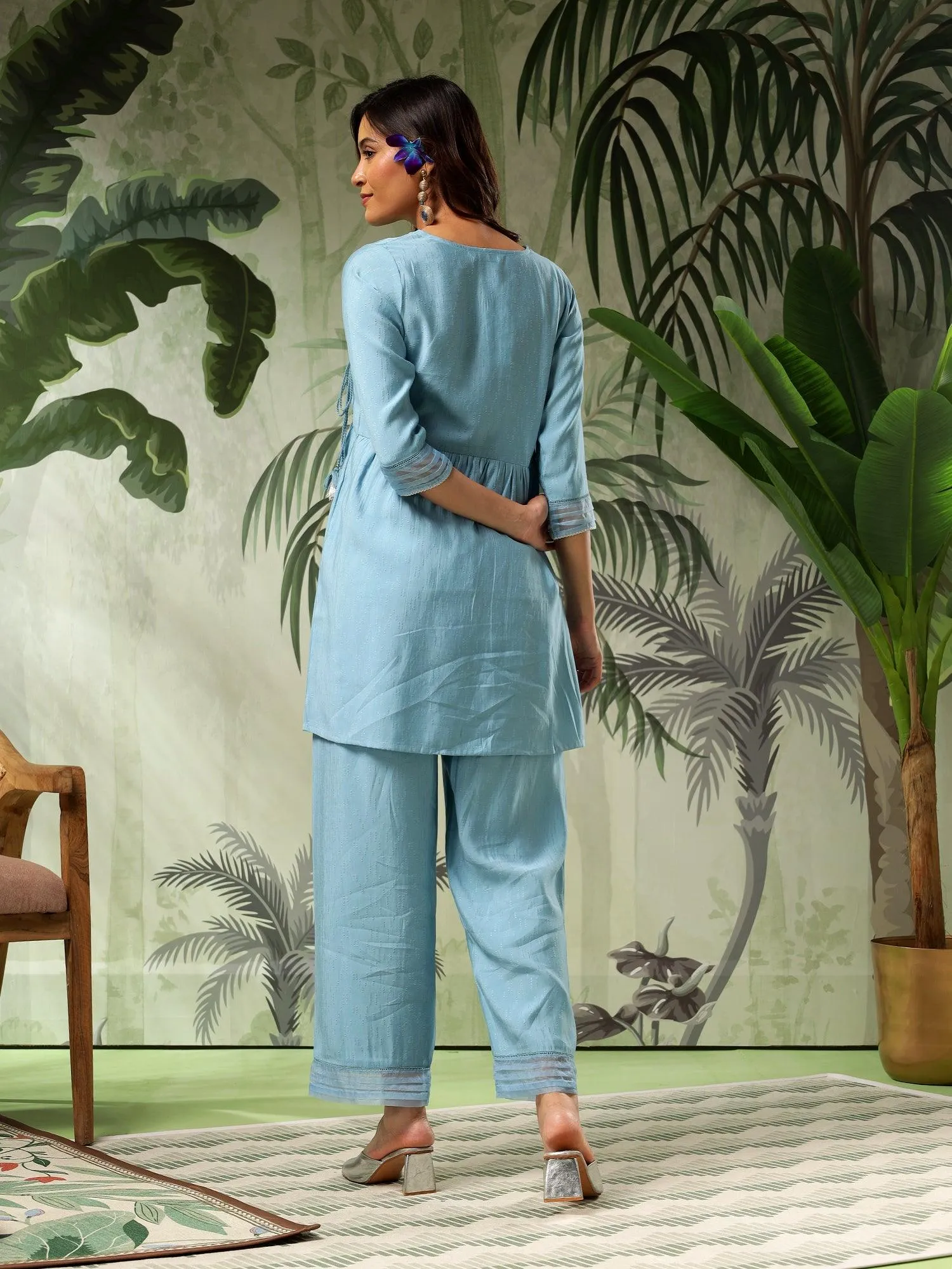 Tara Blue Muslin Embroidered Angrakha (Co-Ord Set)