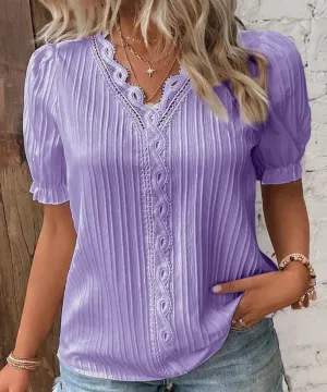 V-Neck Hollow Short Sleeve Splice Loose Street Blouse