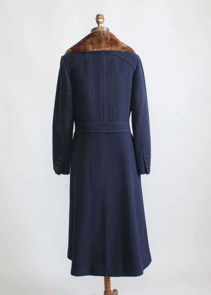 Vintage 1970s Navy Wool and Fur Collar Winter Coat