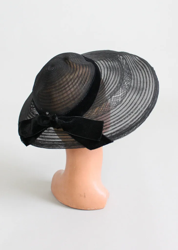 Vintage Early 1950s Wide Brim Black Horse Hair Hat