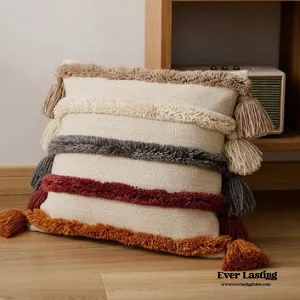 Warm Tone Fall Tufted Pillows with Tassels / Beige